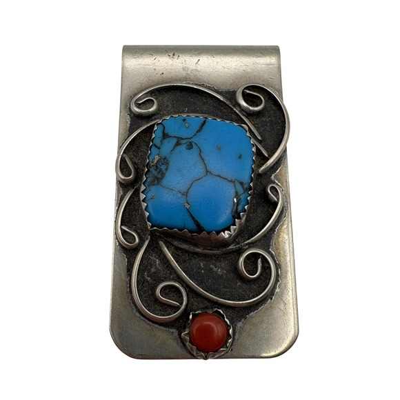 Sterling Silver Turquoise Red Stone Swirl Money Clip